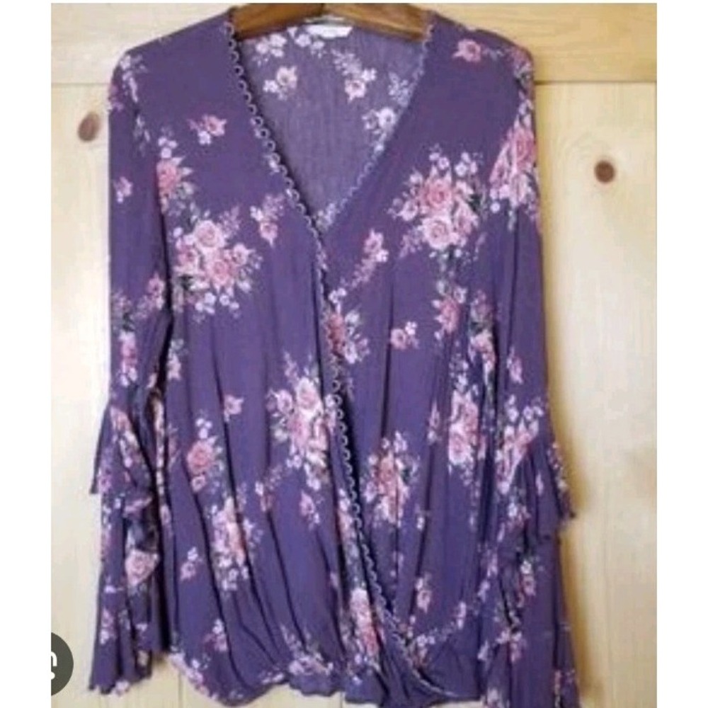 Oddi Purple Floral Peasant Blouse Snap Surplice Ruffle Bell Sleeve Medium